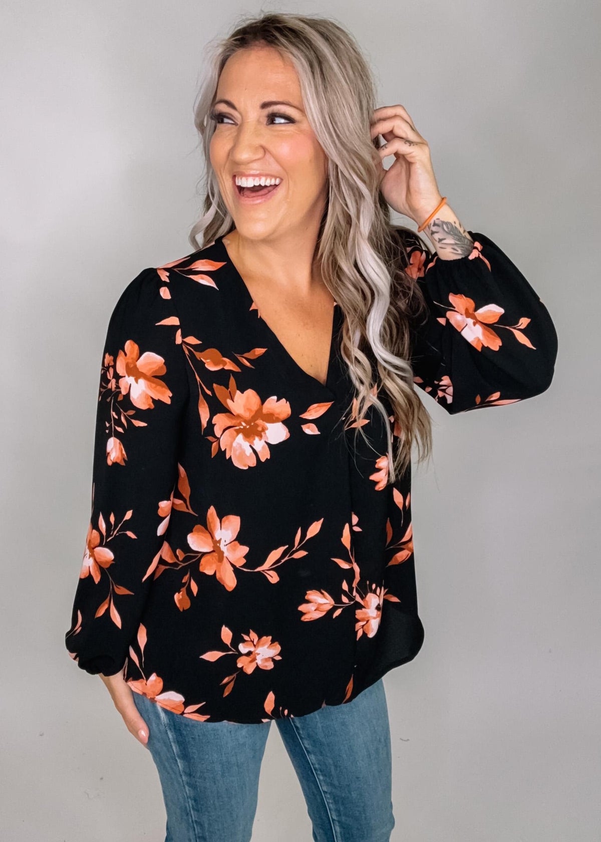 Black and Pink Floral Print Blouse