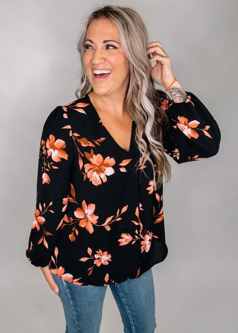 Black and Pink Floral Print Blouse