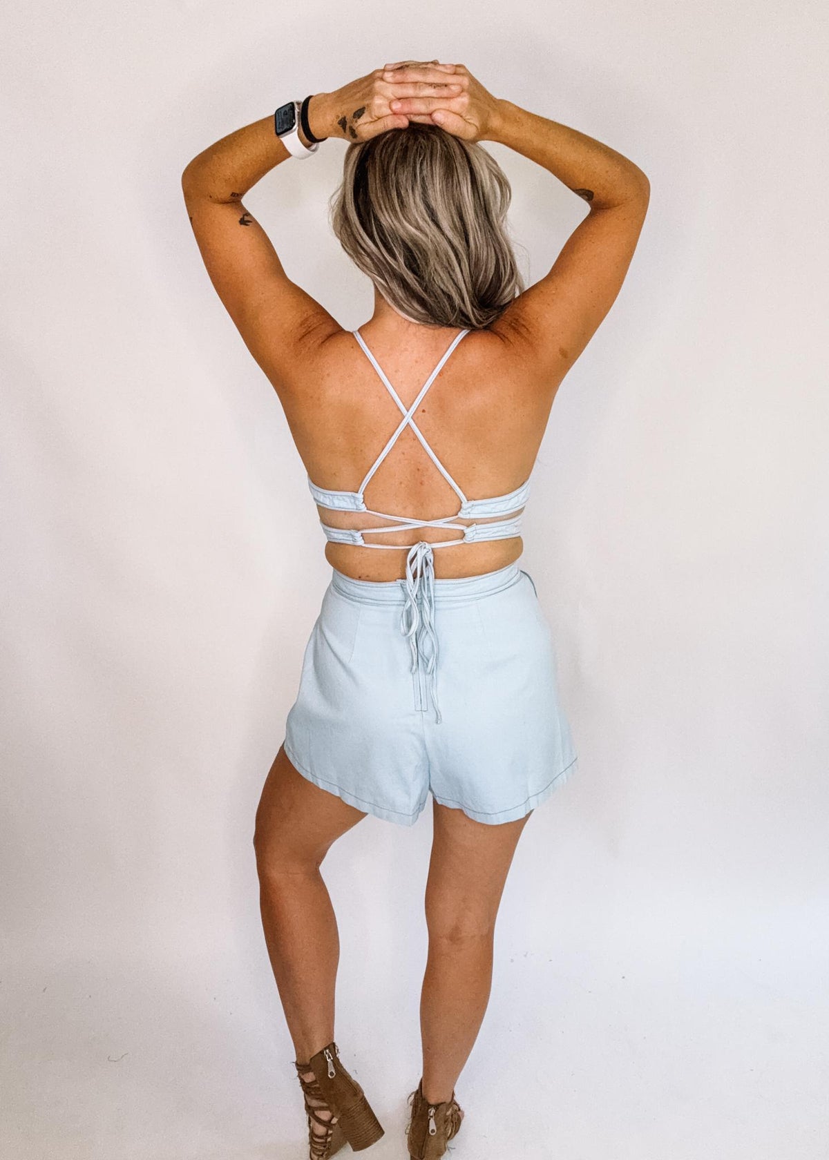 Denim Lace Back Romper