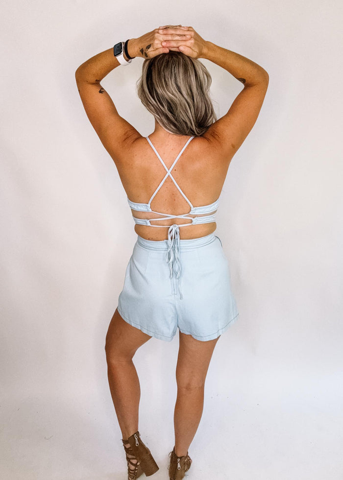 Denim Lace Back Romper