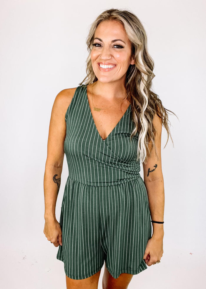 Olive and Ivory Stripe Faux Wrap Romper