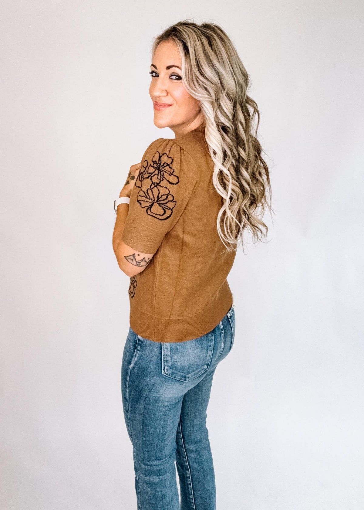 Artistic Flower Sweater with Puff Sleeves