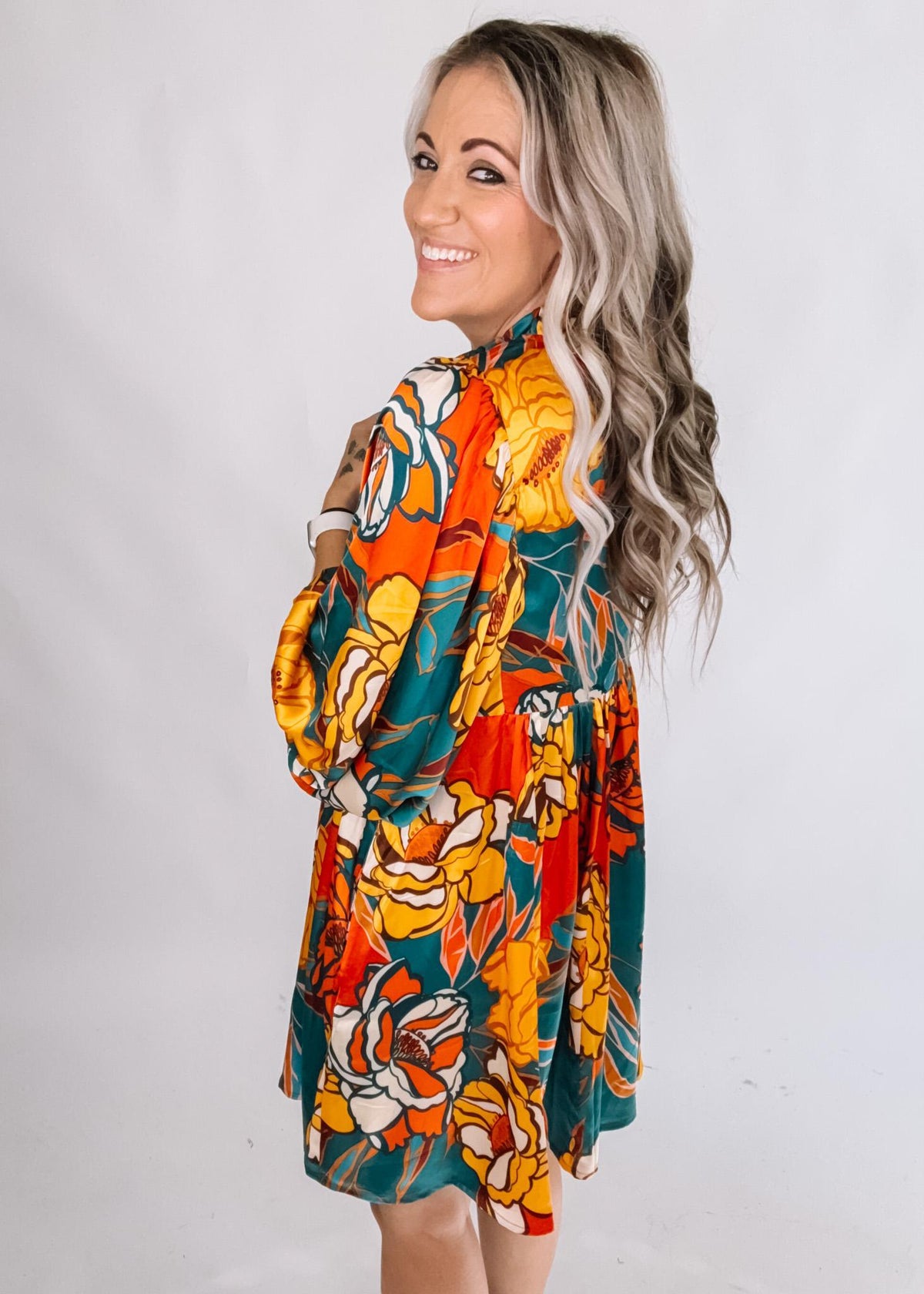 Teal Rust Mustard Satin Printed Mini Dress
