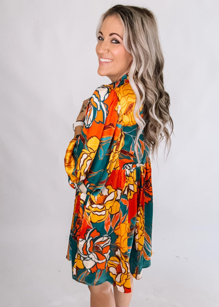 Teal Rust Mustard Satin Printed Mini Dress