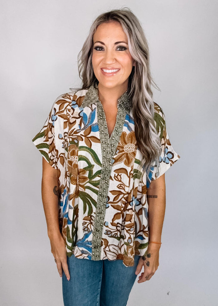 Walnut Mix Printed Top with Pleats