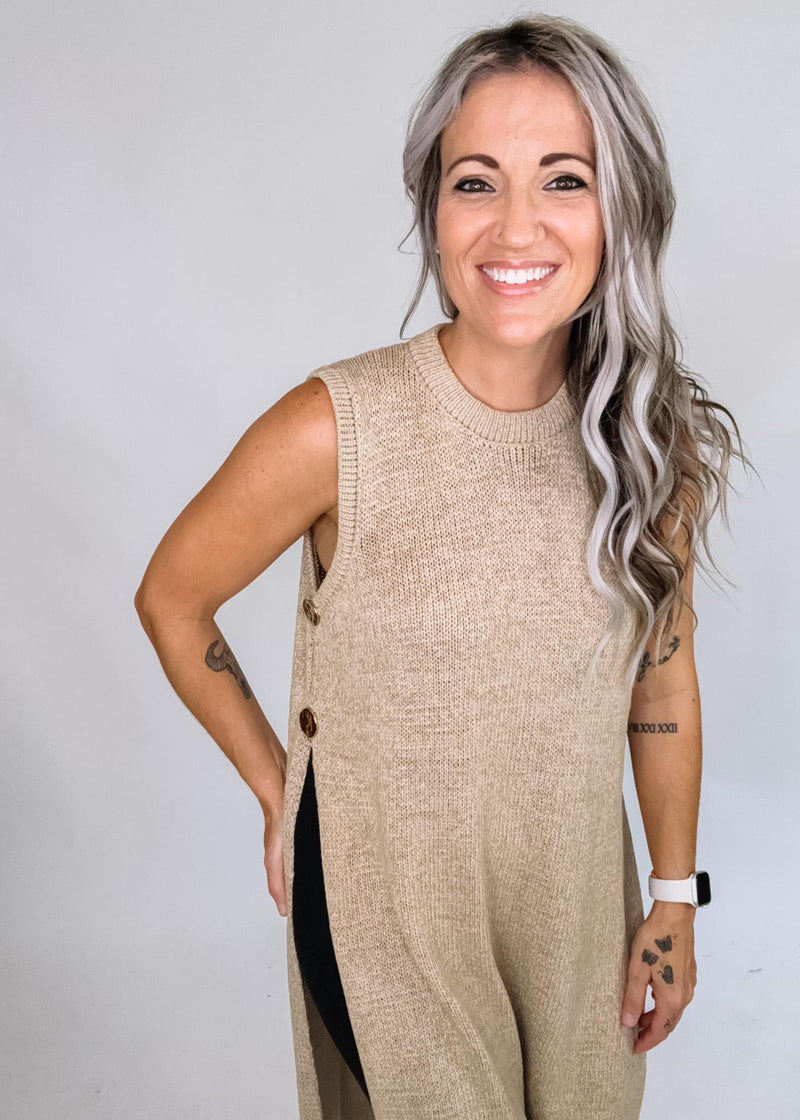 Side Button Sleeveless Open Longline Sweater