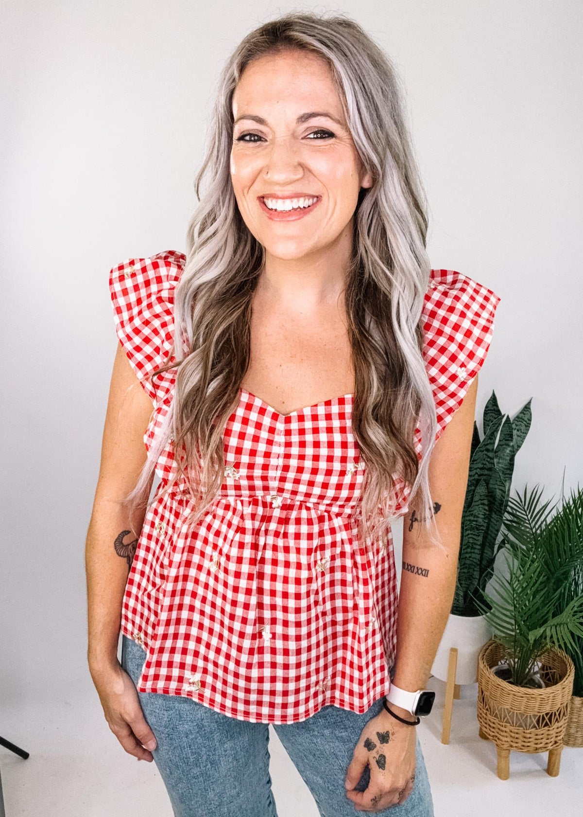 Red Gingham Babydoll with Embroidered Floral