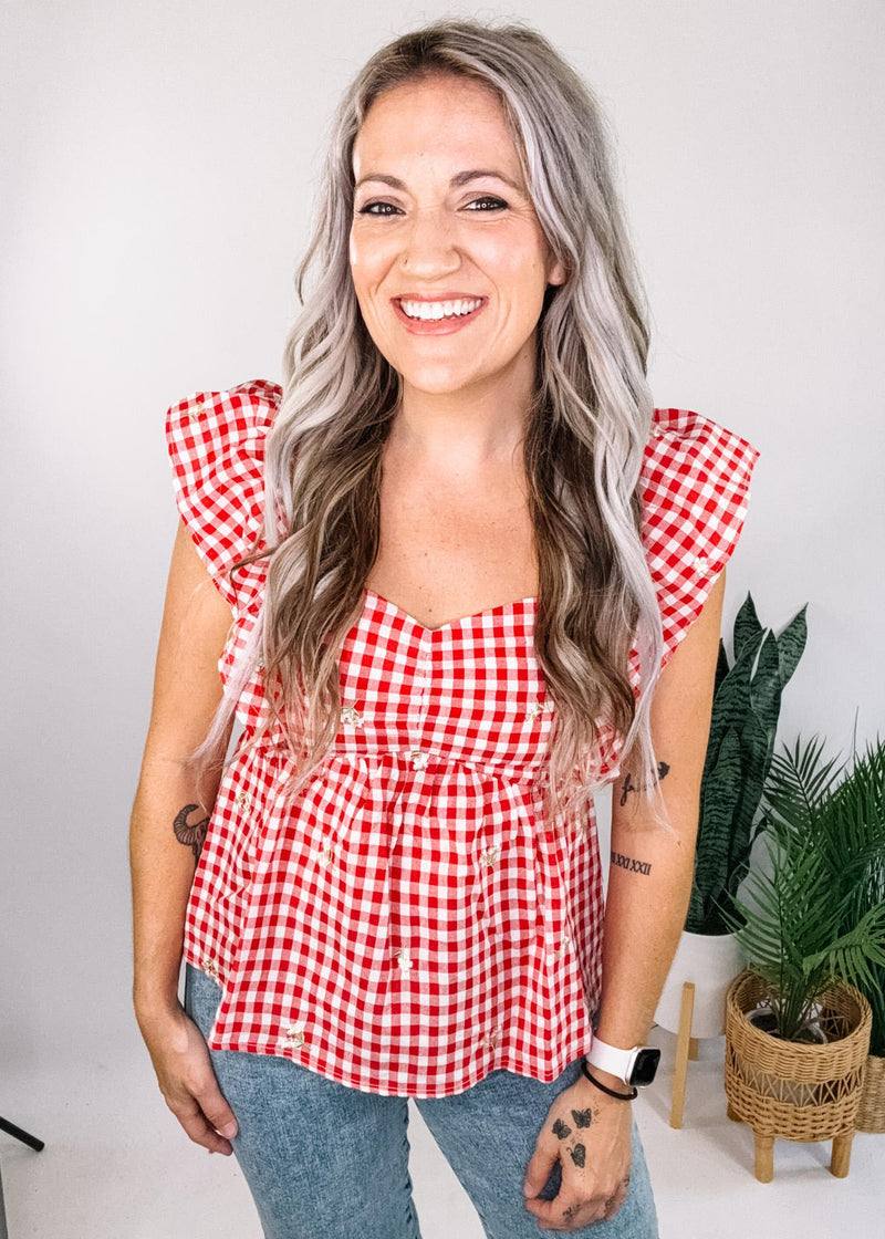 Red Gingham Babydoll with Embroidered Floral