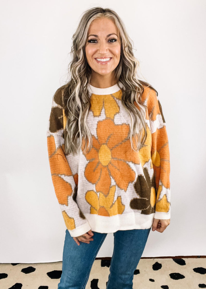 Oatmeal Floral Knit Round Neck Sweater