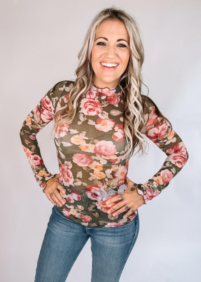 Olive Floral Mesh Top