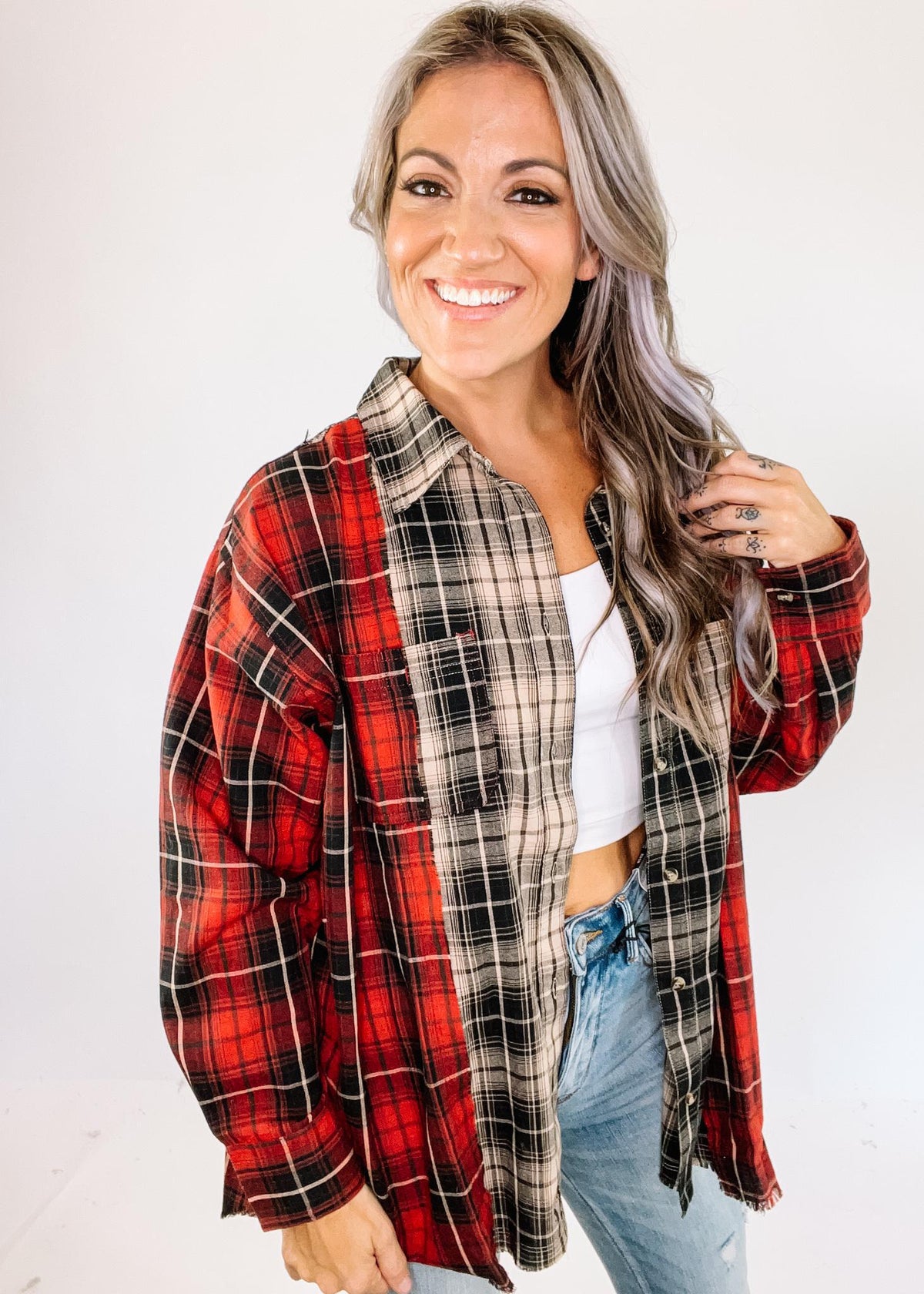 Mixed Flannel Long Sleeve Top