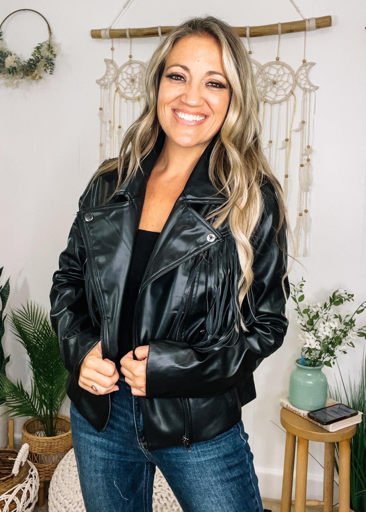Black Fringe Faux Leather Jacket