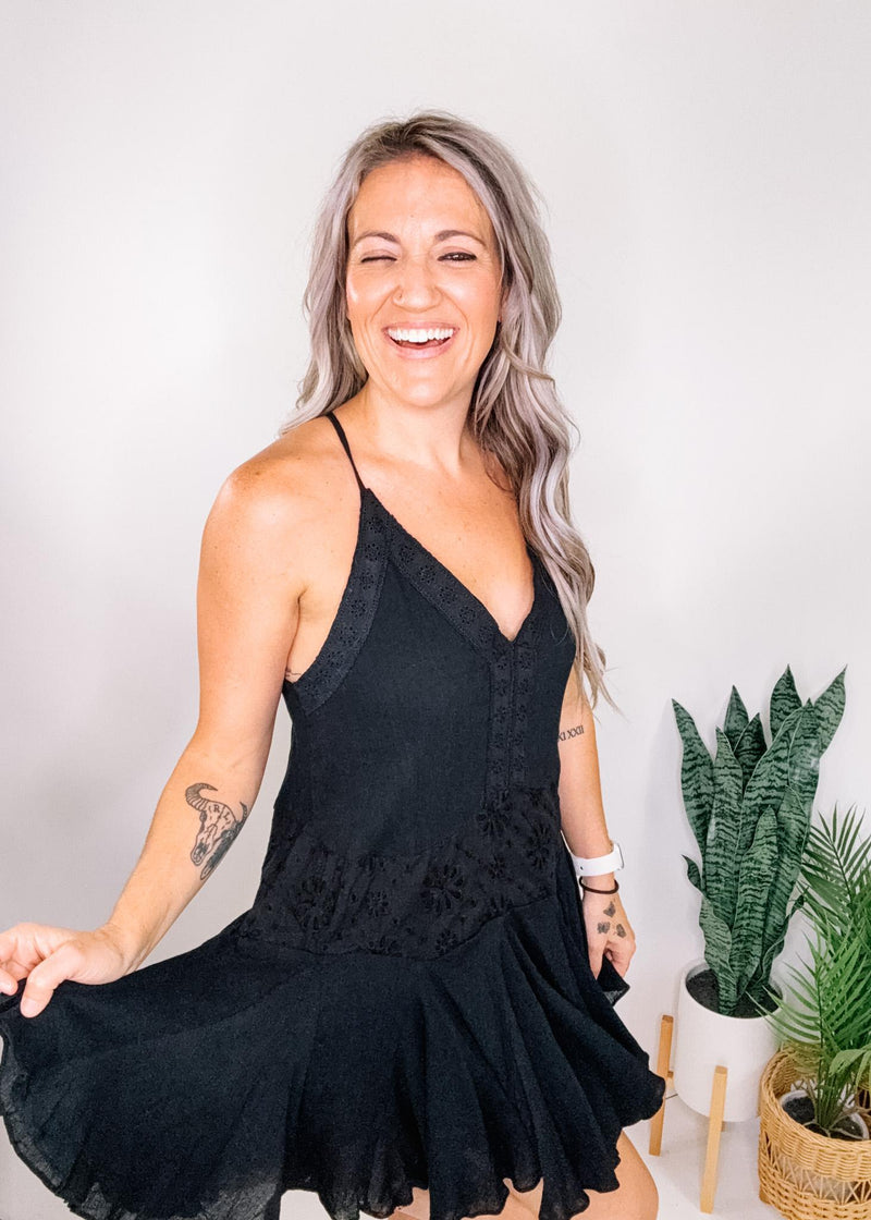 Black Eyelet Lace V Neck Cami Dress