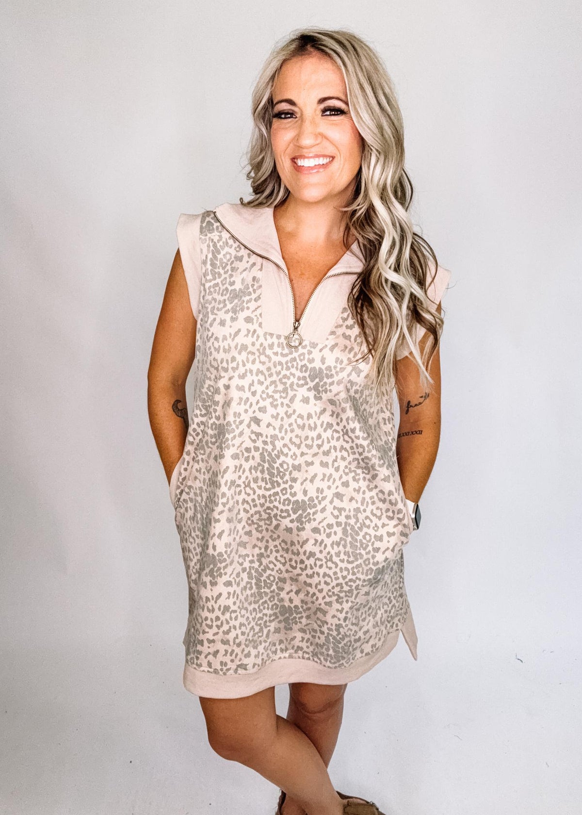 Animal Print Suede Mini Dress with Contrast Fabric Detail
