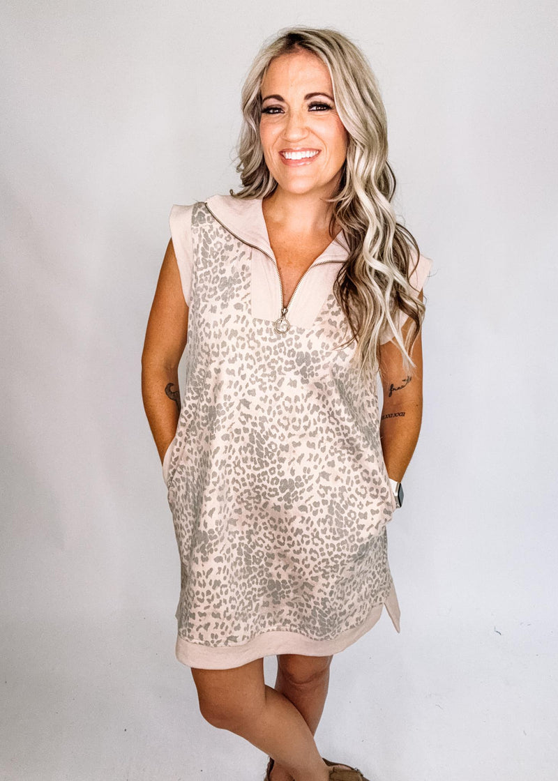 Animal Print Suede Mini Dress with Contrast Fabric Detail