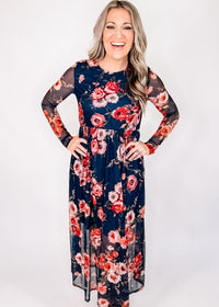 Navy Floral Mesh Long Sleeve Maxi Dress