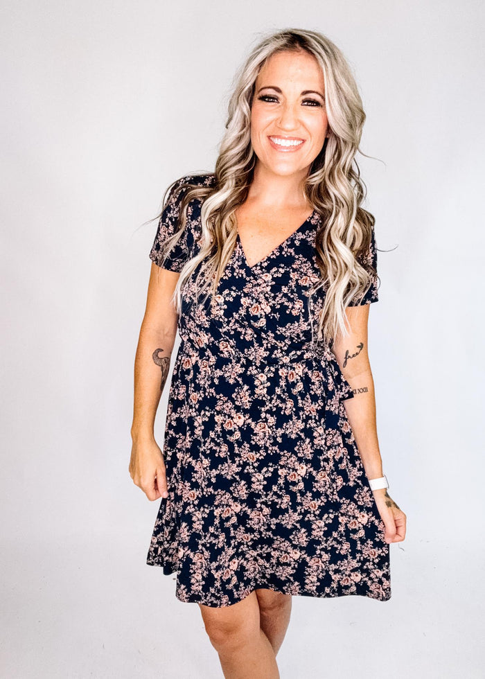 Navy and Taupe Ditsy Floral Faux Wrap Dress