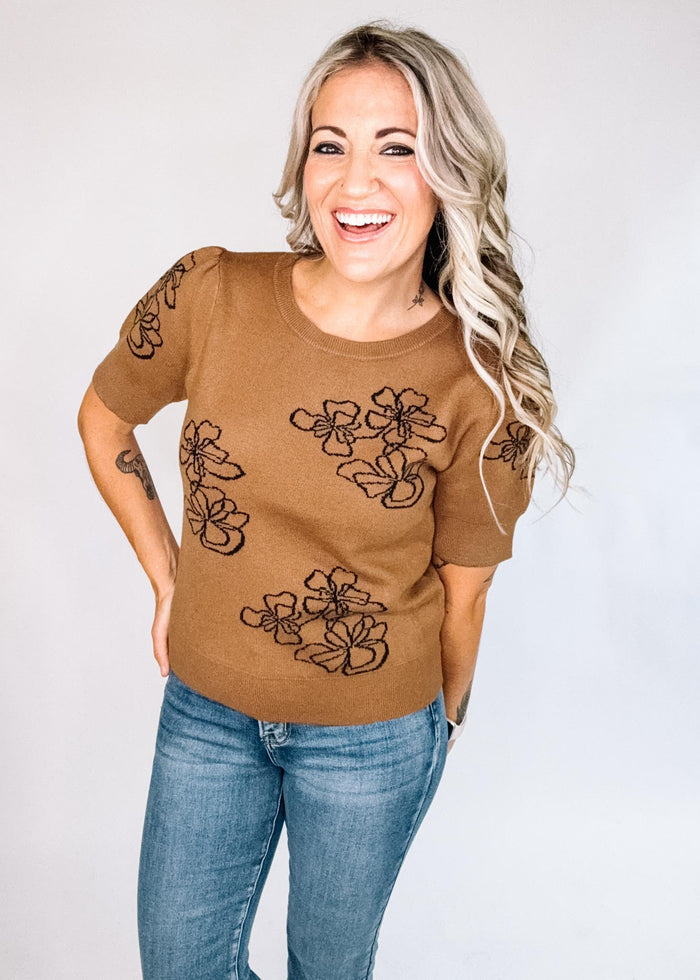 Artistic Flower Sweater with Puff Sleeves