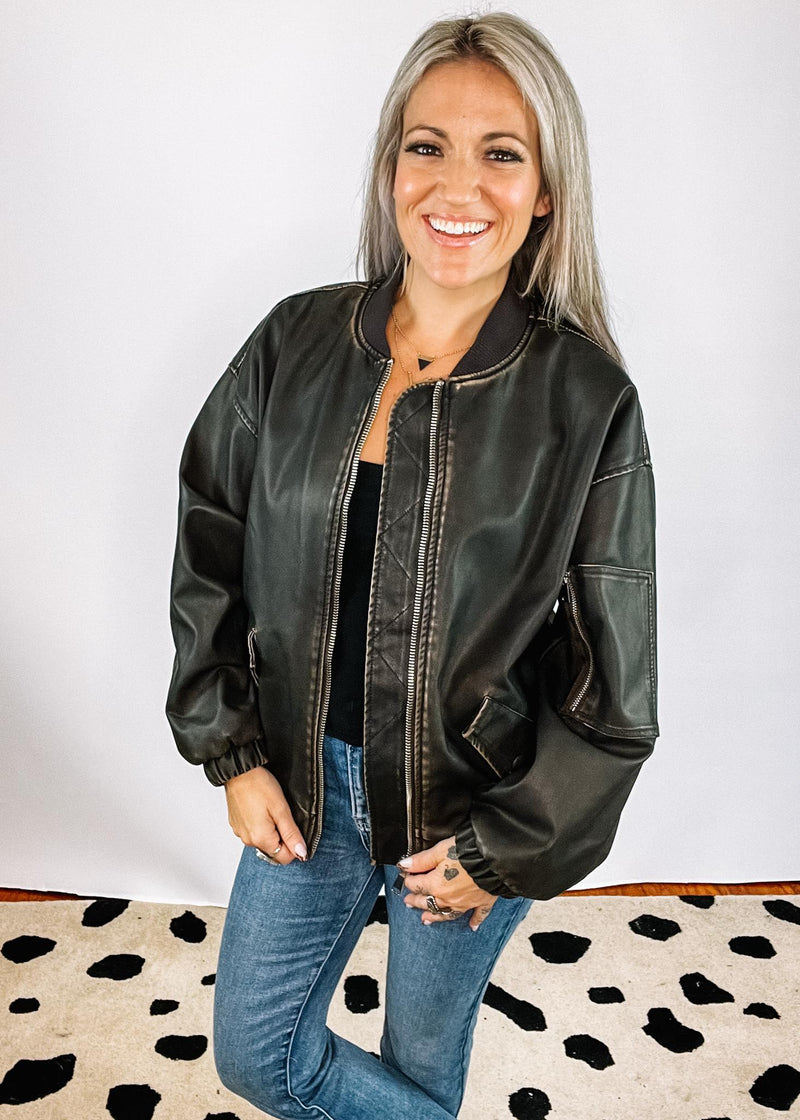 Dark Brown Faux Leather Bomber Jacket