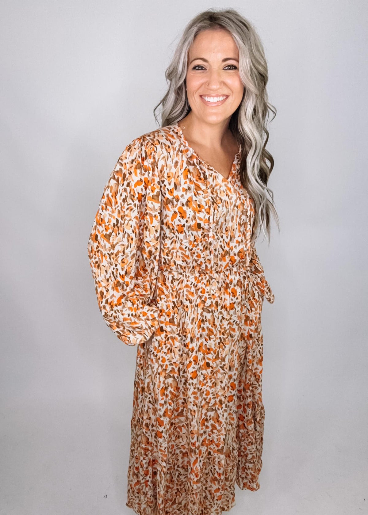 Taupe and Rust Long Sleeve Printed Maxi Dress