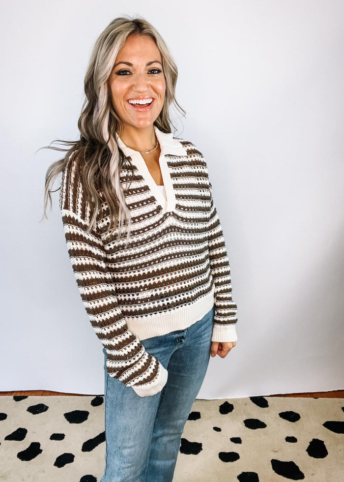 Mocha Ivory Stripe Knit Top with Collar