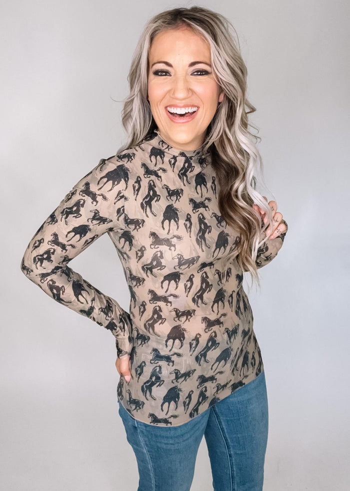 Mesh Western Horse Mock Neck Top