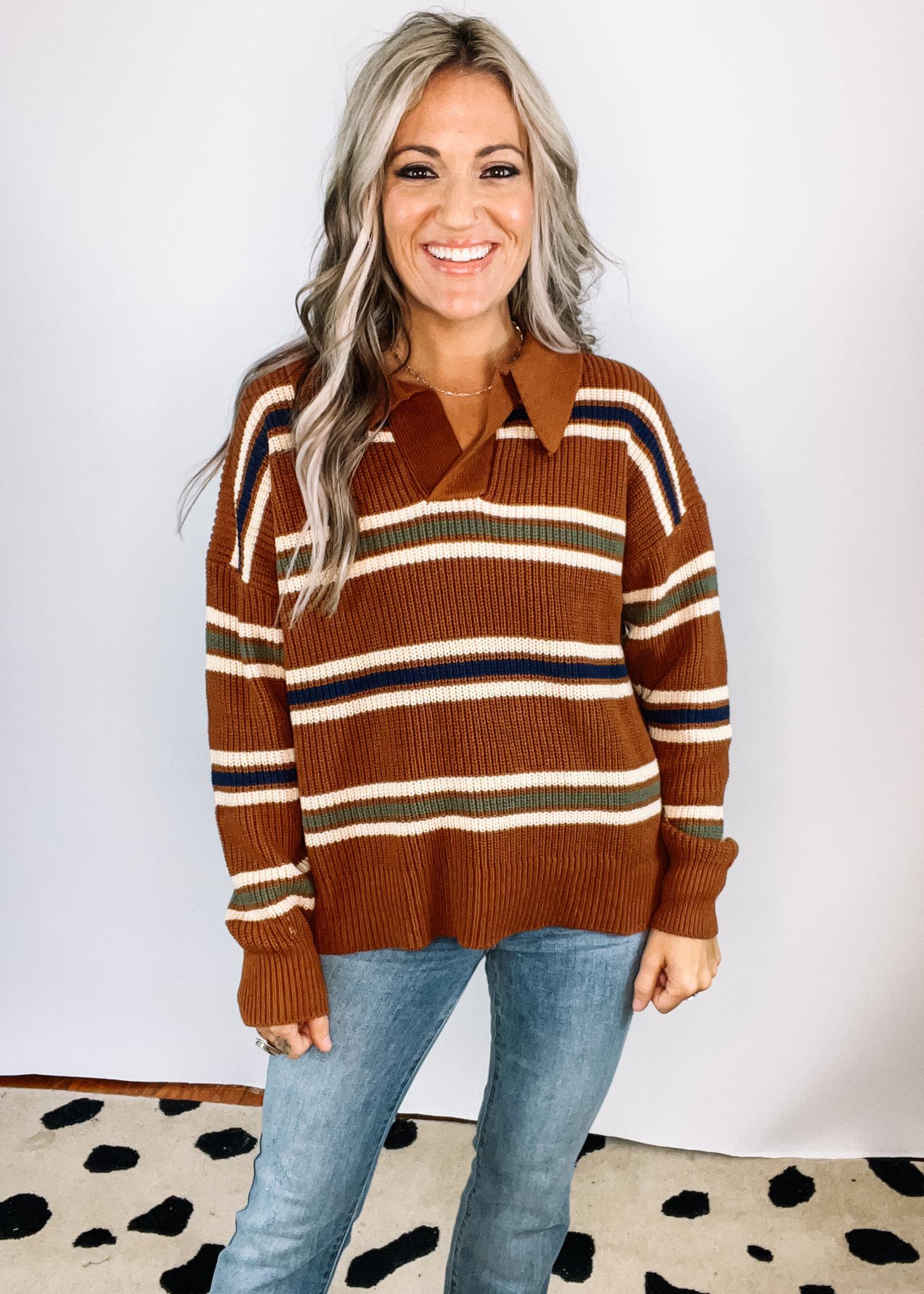 Brown Stripe Collar Knit Sweater – The Teal Eagle Boutique