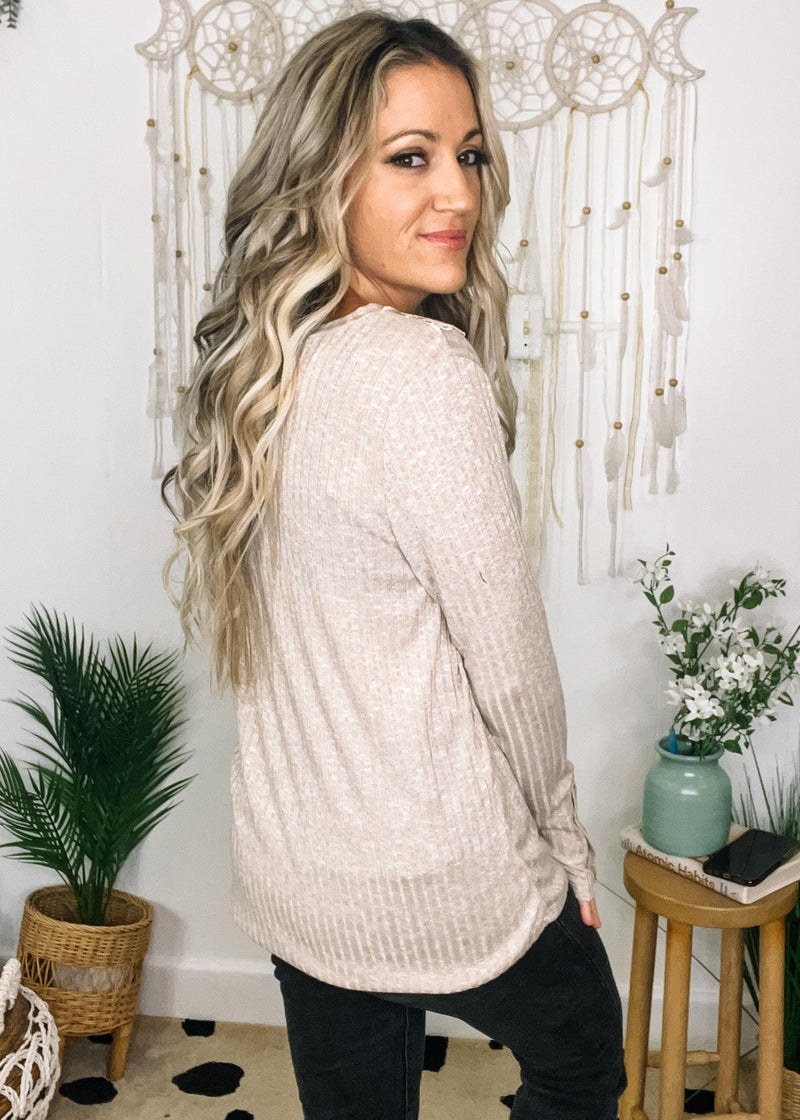 Two Tone Rib Knit Top with Sheer Crochet Lace Detail