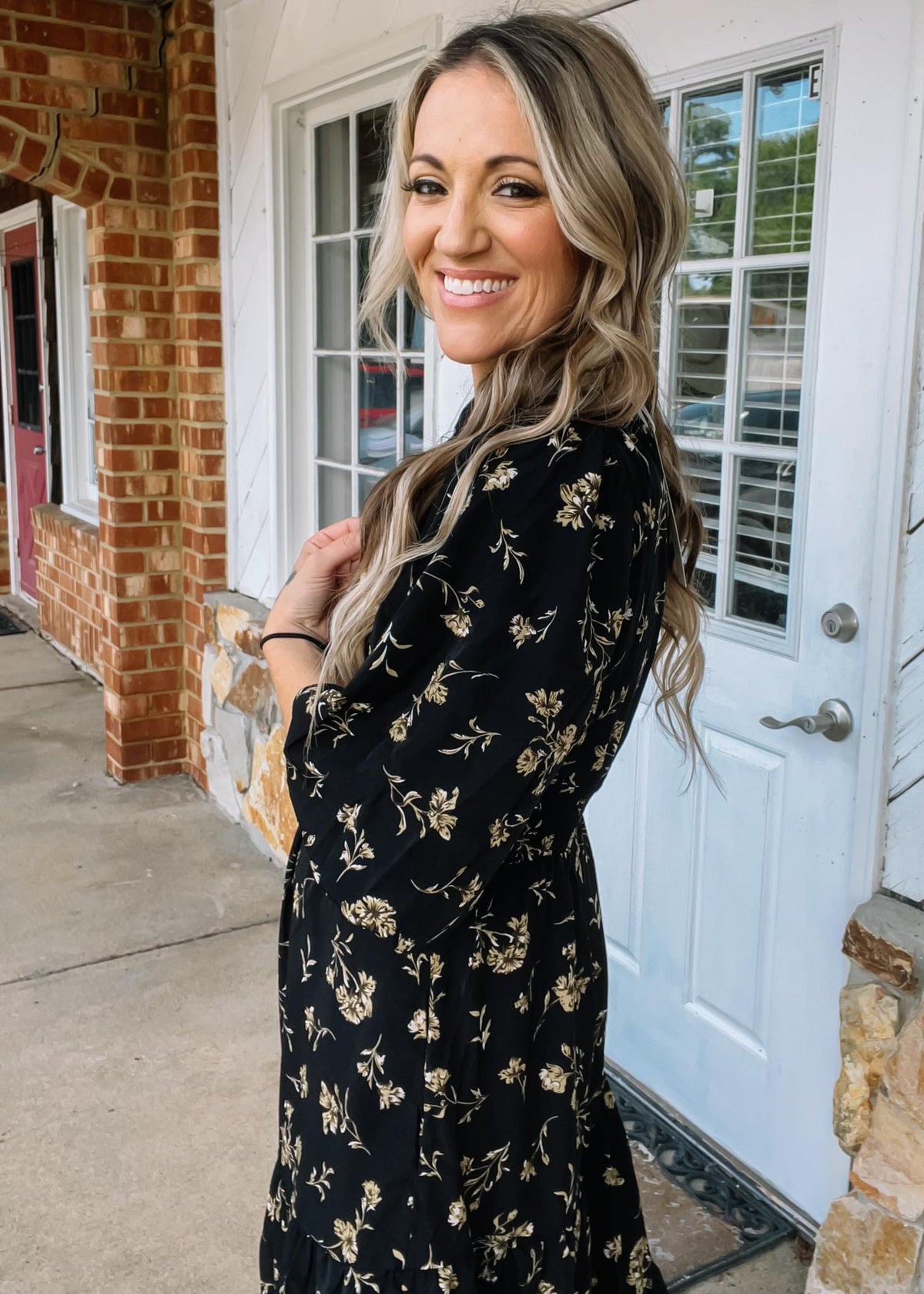 Black Floral 3/4 Sleeve Printed Maxi Dress