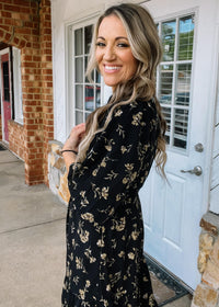 Black Floral 3/4 Sleeve Printed Maxi Dress