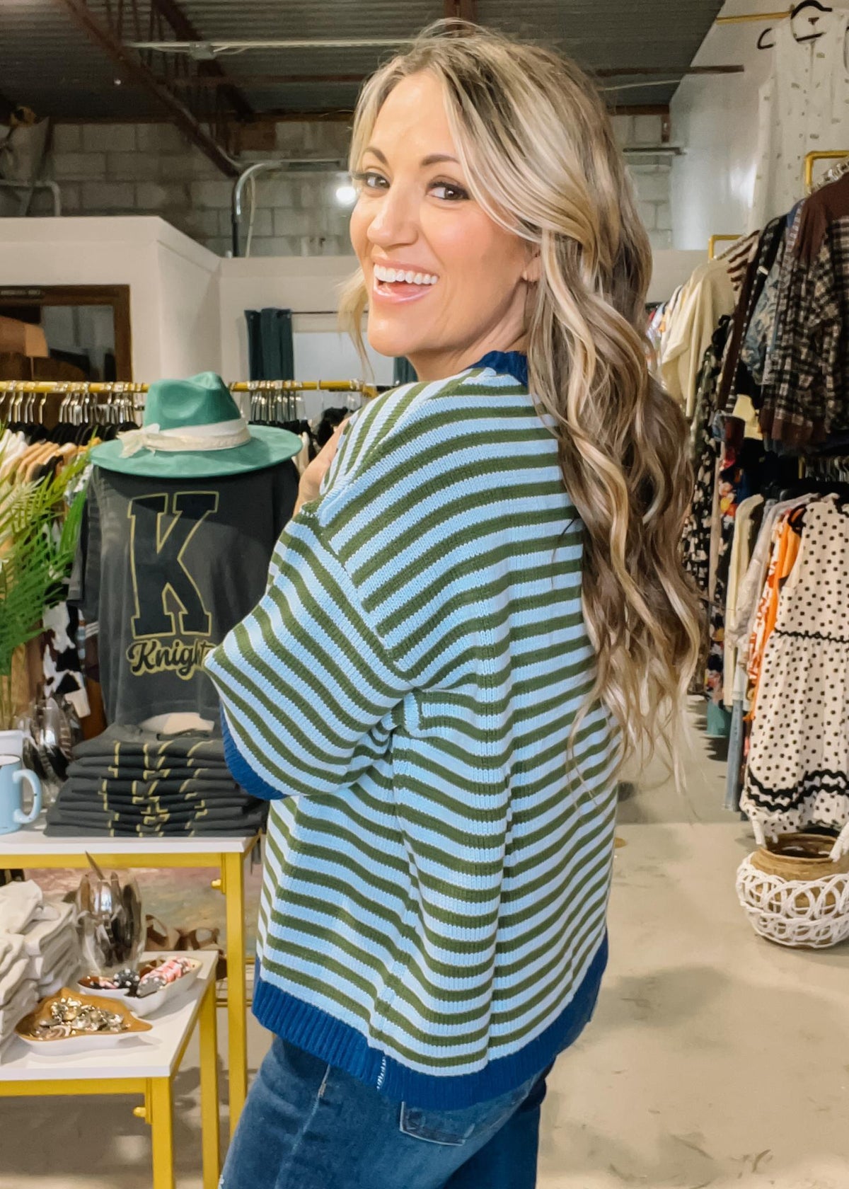 Half Sleeve Contrast Rib Striped Sweater