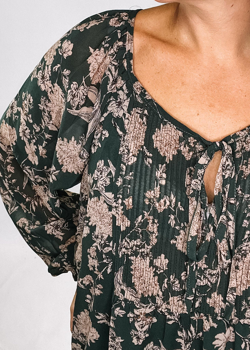 Sea Green Floral Pintuck Detail Blouse