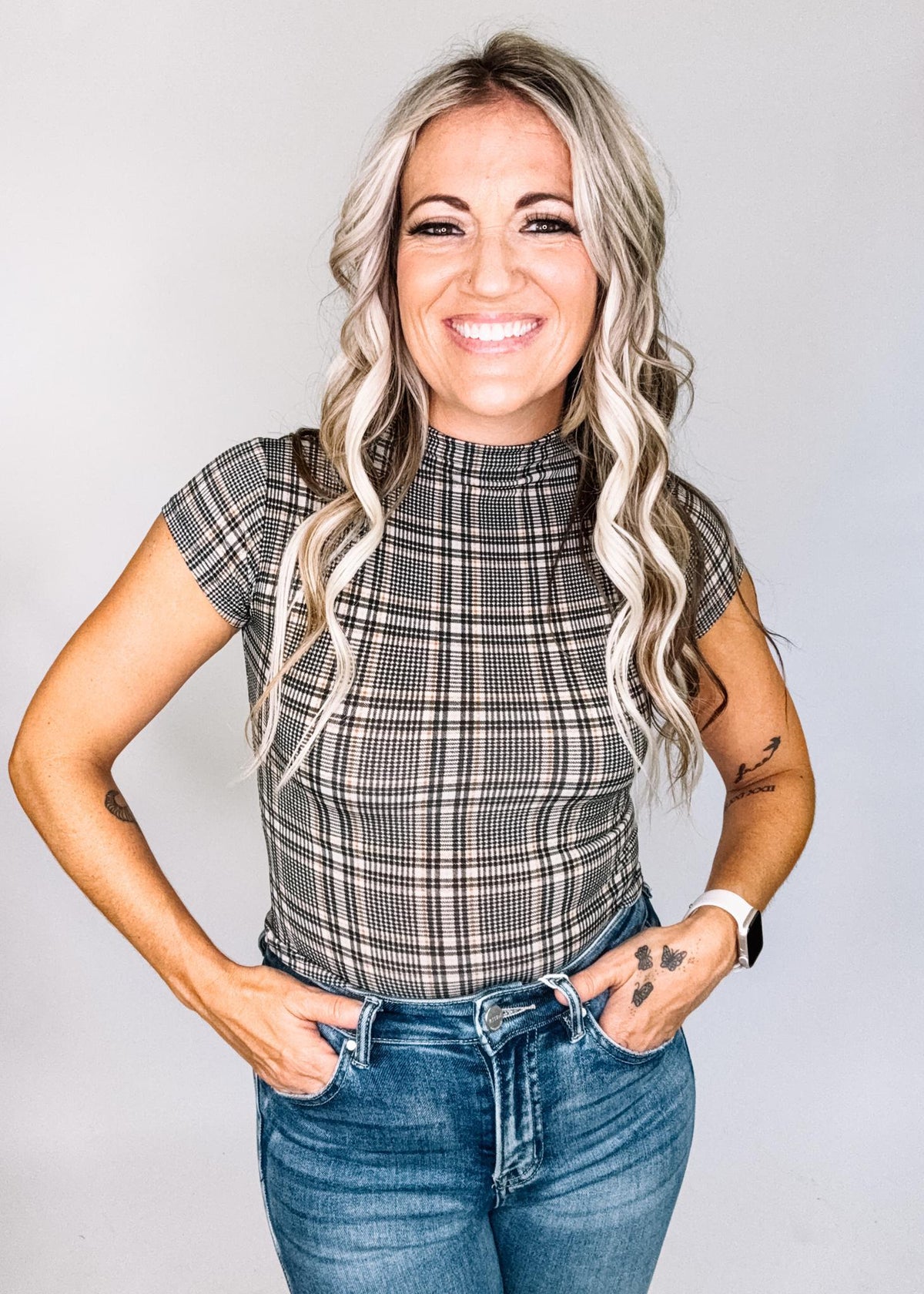 Plaid Mock Neck Short Sleeve Crop Top