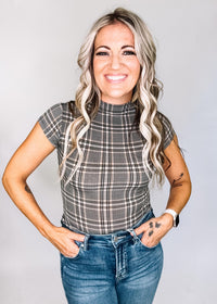 Plaid Mock Neck Short Sleeve Crop Top