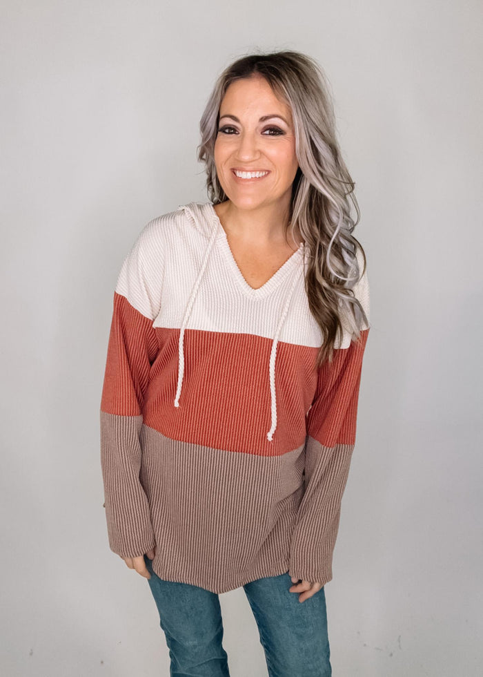 Cream and Rust Ribbed Hoodie