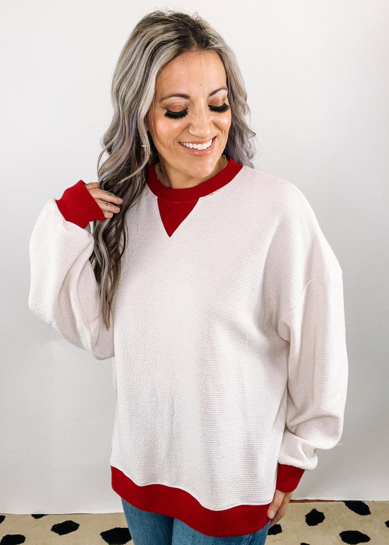 Ivory Red Trim Knit Top