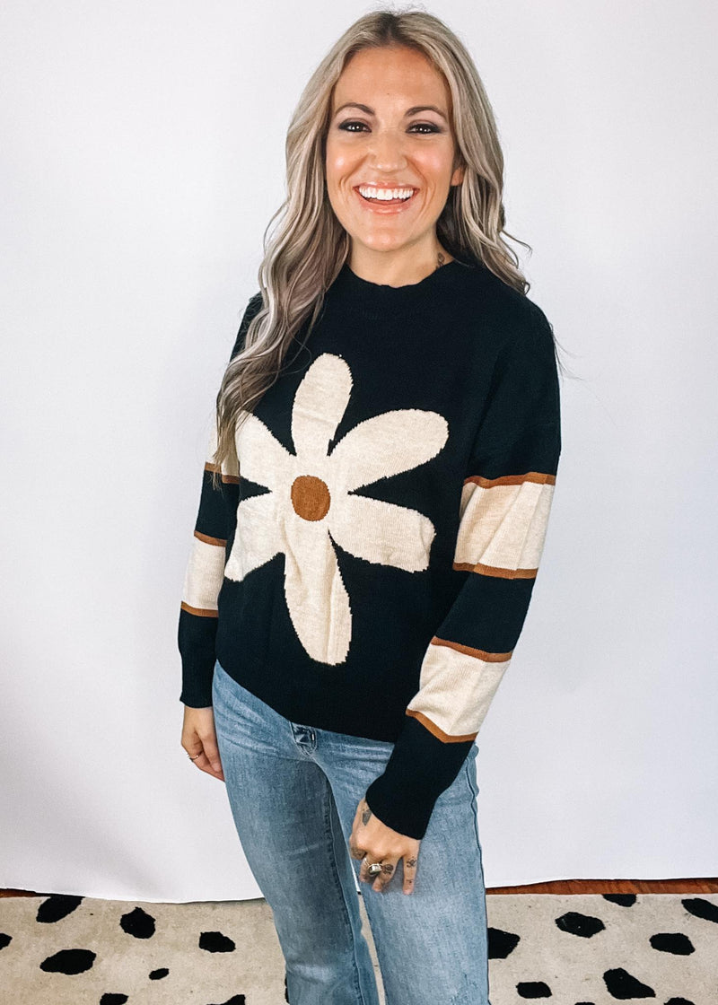 Black and White Stripe Knit With Flower