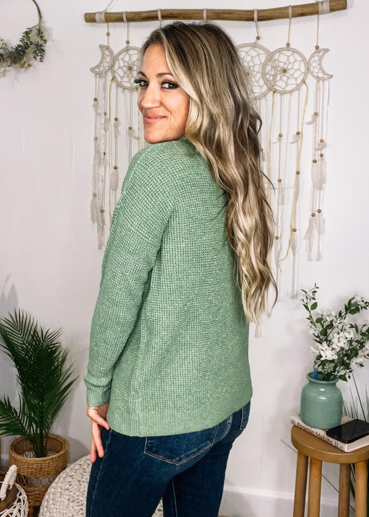 Sage Waffle Knit Cowl Neck Top