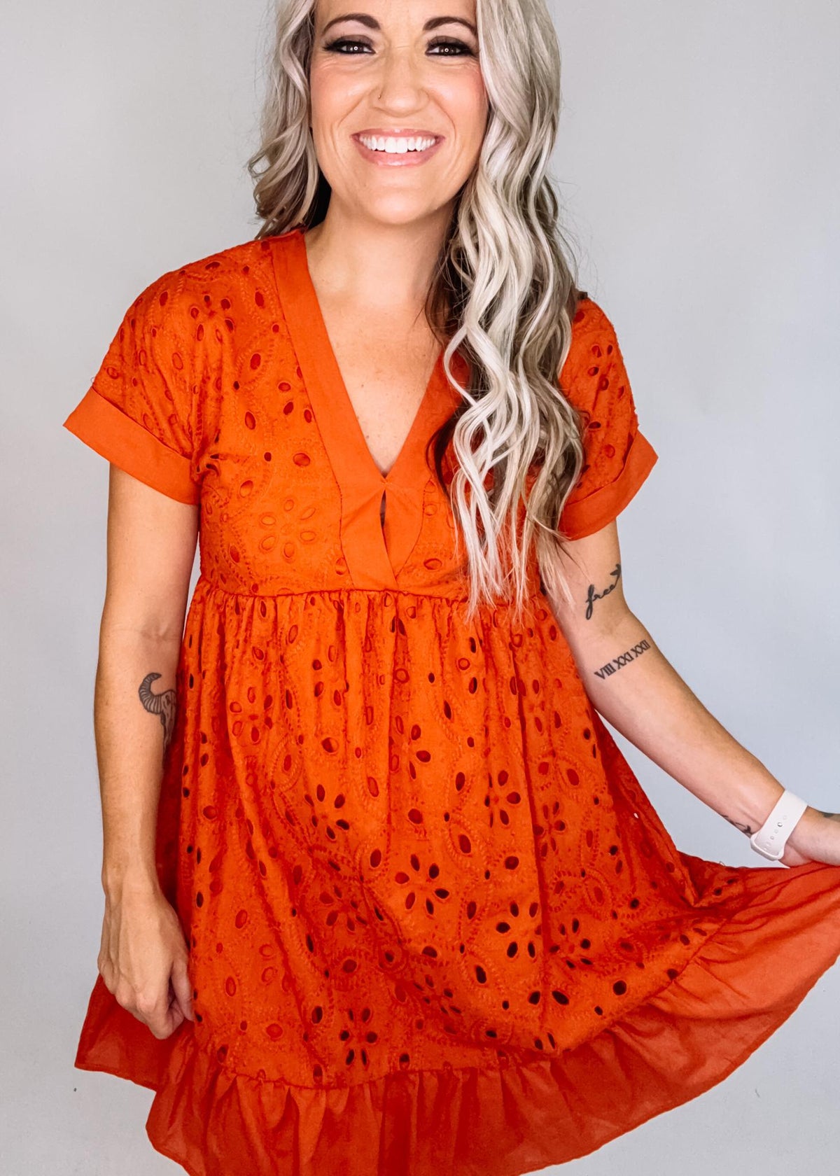 Drop Shoulder Embroidered Eyelet Dress