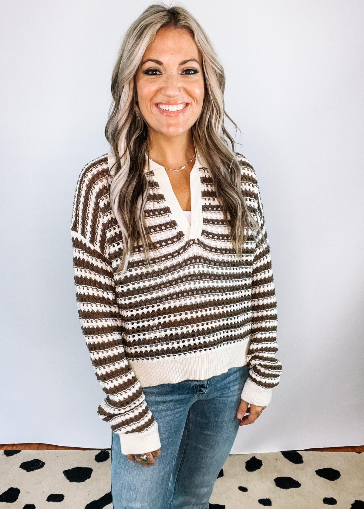 Mocha Ivory Stripe Knit Top with Collar