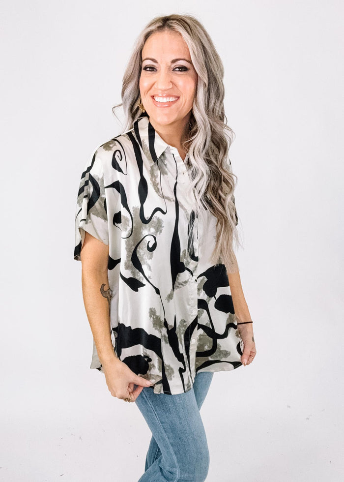 Beige and Black Swirl Print Top