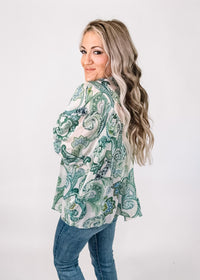 Spearmint Paisley Bubble Sleeve Top