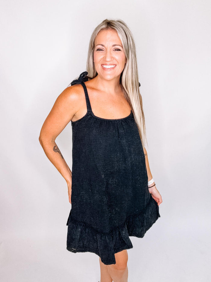Black Gauze Tie Strap Mini Dress