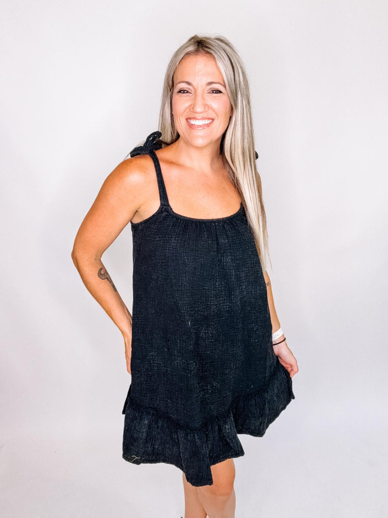 Black Gauze Tie Strap Mini Dress