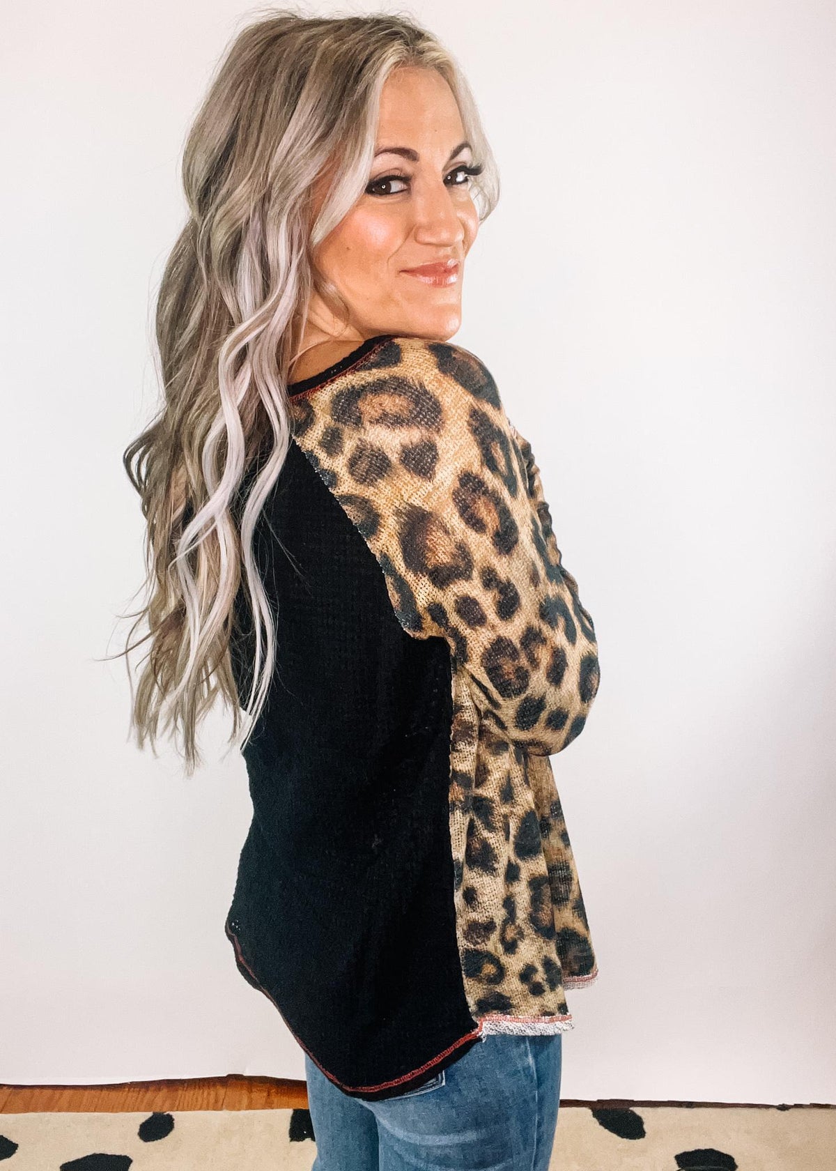 Leopard Waffle Popcorn Knit Top