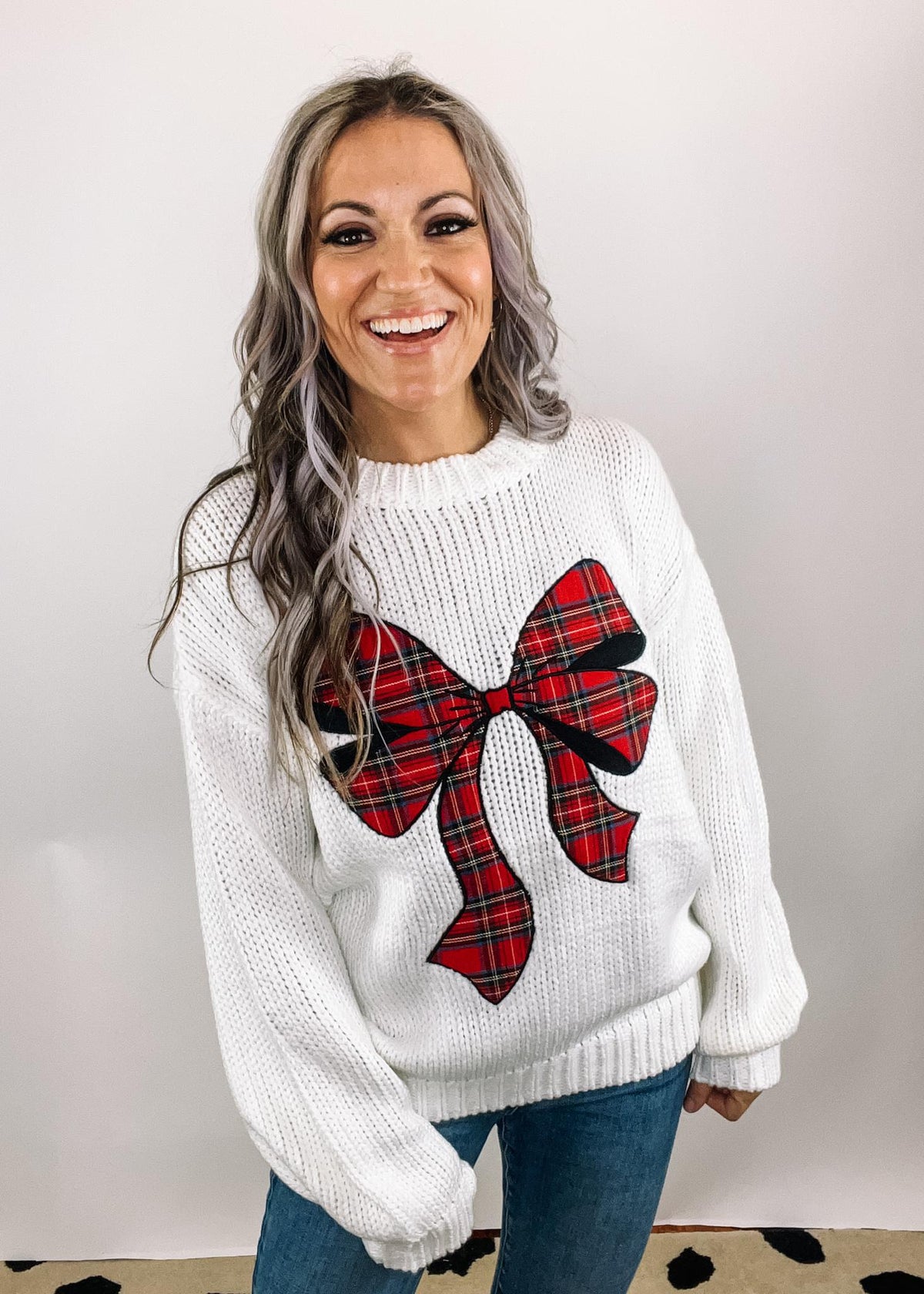 Holiday Plaid Bow Knit Sweater