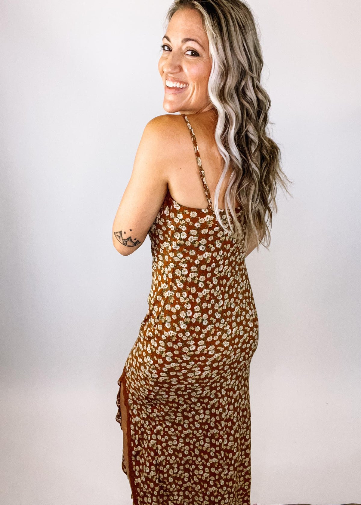 Brown Floral Lace Trim Slip Dress