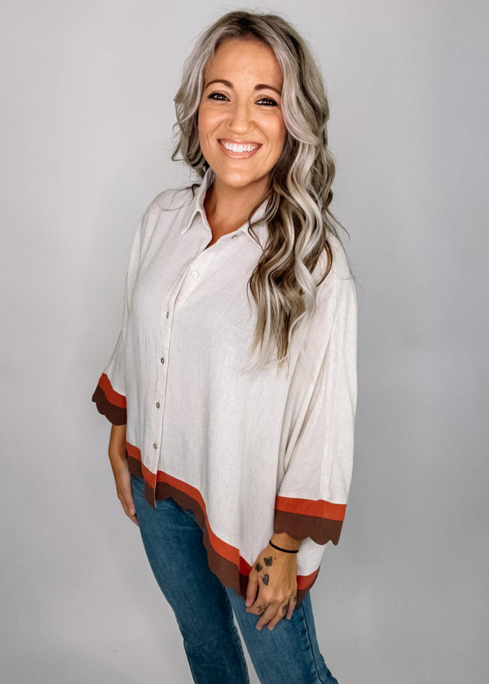 Oatmeal Button Down Poncho Top with Wavy Trim