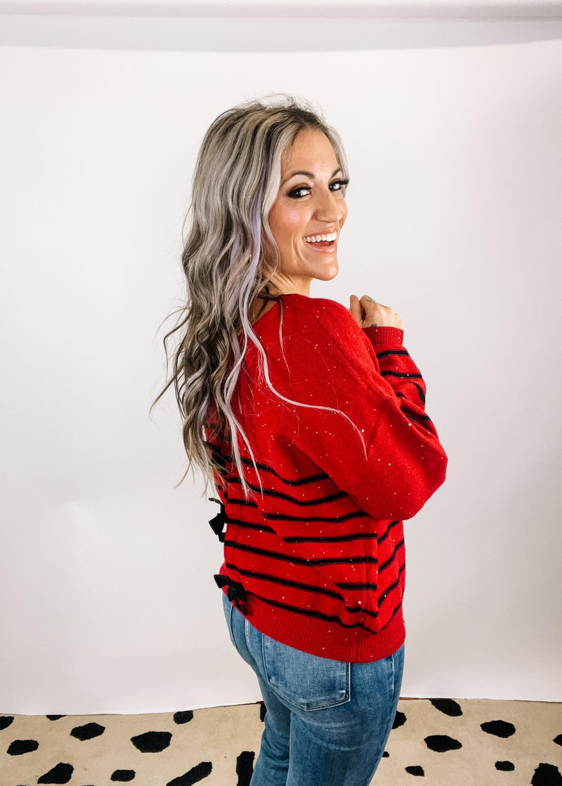 Entro Red and Black Sparkle Bow Back Sweater