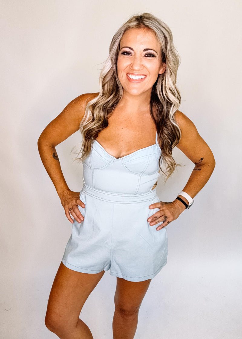 Denim Lace Back Romper